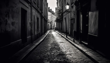 Poster - Medieval arches line empty cobblestone street at dusk generated by AI