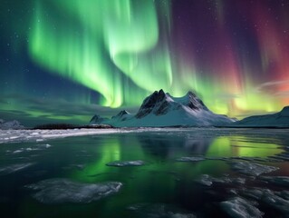 Wall Mural - green aurora borealis, morthern lights over ice and snow landscape, generative ai