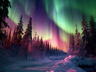 Wall Mural - pink and green aurora borealis, morthern lights over ice and snow landscape, generative ai