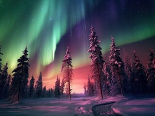 Wall Mural - pink and green aurora borealis, morthern lights over ice and snow landscape, generative ai