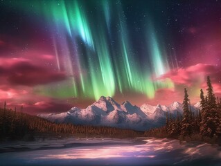 Wall Mural - pink and green aurora borealis, morthern lights over ice and snow landscape, generative ai
