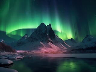Wall Mural - pink and green aurora borealis, morthern lights over ice and snow landscape, generative ai