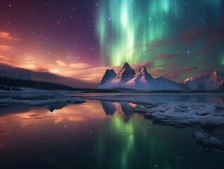 Wall Mural - pink and green aurora borealis, morthern lights over ice and snow landscape, generative ai