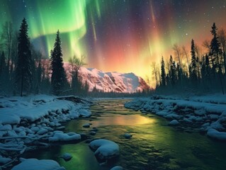 Wall Mural - pink and green aurora borealis, morthern lights over ice and snow landscape, generative ai
