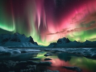 pink and green aurora borealis, morthern lights over ice and snow landscape, generative ai