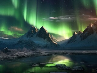 Wall Mural - green aurora borealis, morthern lights over ice and snow landscape, generative ai