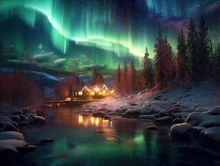 Wall Mural - pink and green aurora borealis, morthern lights over ice and snow landscape, generative ai
