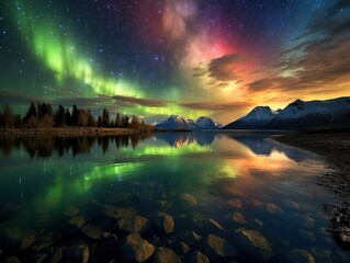 Wall Mural - pink and green aurora borealis, morthern lights over ice and snow landscape, generative ai