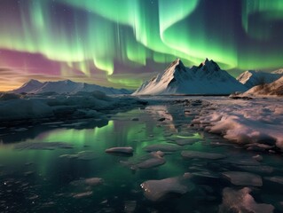 Wall Mural - pink and green aurora borealis, morthern lights over ice and snow landscape, generative ai
