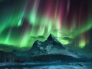 Wall Mural - pink and green aurora borealis, morthern lights over ice and snow landscape, generative ai