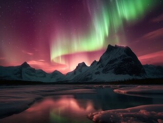 Wall Mural - pink and green aurora borealis, morthern lights over ice and snow landscape, generative ai