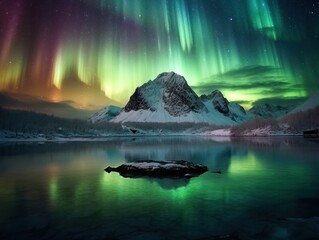 Wall Mural - pink and green aurora borealis, morthern lights over ice and snow landscape, generative ai