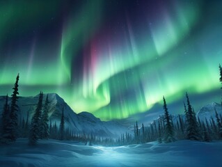 Wall Mural - pink and green aurora borealis, morthern lights over ice and snow landscape, generative ai