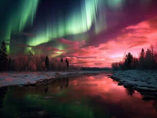 Wall Mural - pink and green aurora borealis, morthern lights over ice and snow landscape, generative ai
