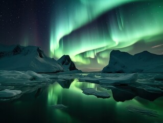 Wall Mural - green aurora borealis, morthern lights over ice and snow landscape, generative ai