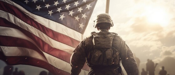 An American soldier with an American flag looks into the distance in clear weather, on Memorial Day or July 4, Memorial Day. generative ai