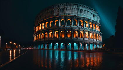 Poster - Illuminated arches reflect on water, ancient history illuminated generated by AI