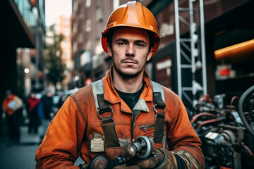 A man in a helmet and equipment is engaged in construction and repair work on a city street. Generative Ai