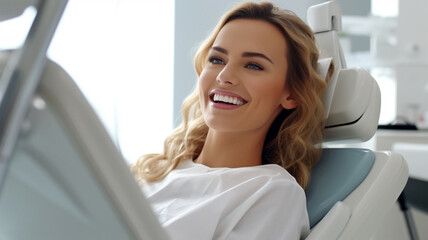 Patient at the dentist's appointment sitting in the dental chair, dental treatment, dentures, cavities, generative AI