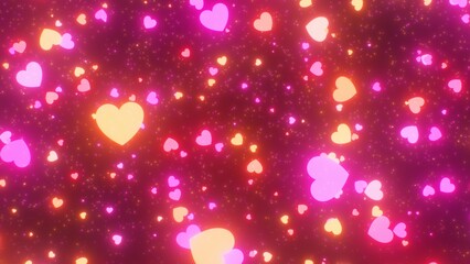 Neon Glowing Pink And Orange Hearts Falling Down From The Night Sky - Abstract Background Texture