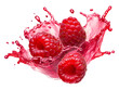 Raspberries in juice splash isolated on a white and transparent background, png
