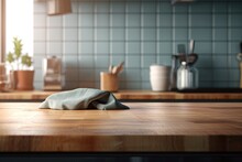 Background For Food And Product Displays Using A Blurred Illustration Of A Wood Table Top And Kitchen. Copy The Area With A Napkin On The Wooden Counter Top, While Blurring The Gas Generative AI