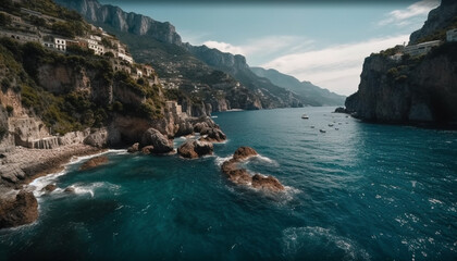 Poster - Rocky coastline meets nautical adventure in Amalfi generated by AI