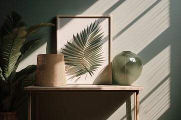 Sticker - Background of a rectangular frame with a palm leaf shadow at a table next to a wall is available for your projects to be shown. combined drawing and leaf picture. Generative AI