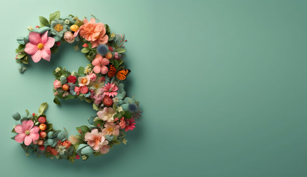 Number 3 shape with floral on pastel isolated background.Copy and text space.Design element.Created with generative ai