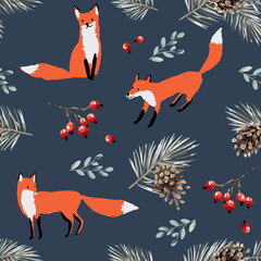 Wall Mural - christmas seamless pattern, fox animals, red berries, fir twigs, cones, dark background. vector illu
