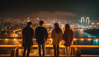 Sticker - City skyline illuminated at dusk, people walking generated by AI