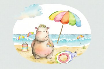 Wall Mural - summer clipart with a cartoon figure featuring an adorable hippo with a rubber ring on the beach is suitable for use in card and print designs. Generative AI