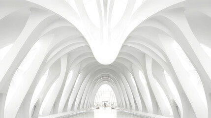 A low angle view captures a modern, organic architecture concept. Its symmetrical grandeur, all in white, dominates the frame. Abstract and architectural fusion: a sight to behold. Generative AI
