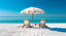 Lounge Chairs On The Beach. Beach Chair And Umbrella, Vacation Background. Generative Ai