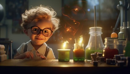 Child boy in a magical chemistry lesson, a young student is experimenting with physics. Generative AI.