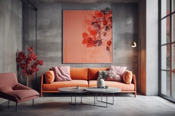 An example of a coral themed living room interior design. living room minimalist decor. couch against the cement textured loft wall. daylight. Generative AI