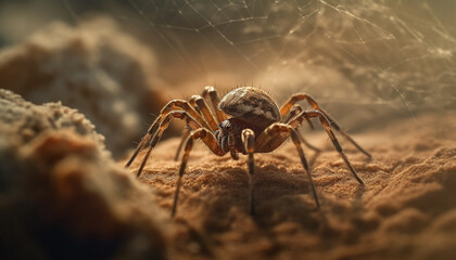 Canvas Print - Spooky arachnid crawling on hairy spider web generated by AI