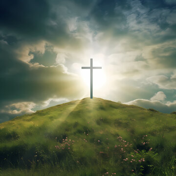 Cross on a green hill with clouds and sun rays