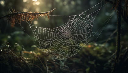 Poster - Spider web glistens with dew in autumn forest generated by AI