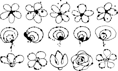 Wall Mural - Vector set of black-and-white ink flowers