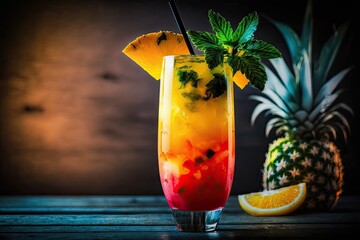 Sticker - vodka-based mixed drink with mango, pineapple, red syrup, and ice. Long drink or icy mocktail during summer. exotic fruits and a dark tropical backdrop with palm foliage. Generative AI