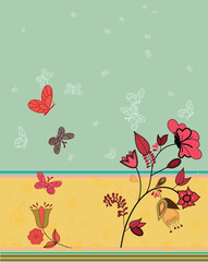 Sticker - a whimsical paiinting representing cute abstract flowers and butterflies on a striped background