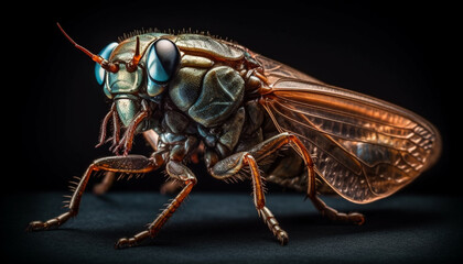 Canvas Print - Small stinging insect on black background generated by AI