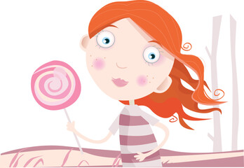 Poster - Small girl with sweet lollipop. Art Vector Illustration.