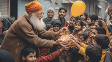 An Elderly Person Kindly Distributing Gifts To Children Generative AI