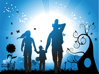 Poster - Happy family walks on nature, sunset