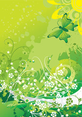 Sticker - The butterfly flying against an abstract silhouette of the sun over green vegetation below