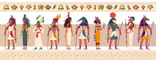 Set Of Ancient Egyptian Gods And Goddesses. Vector Flat Characters Of Egypt Mythology, Myth Cairo Statues. Ra, Bastet, Maat, Thoth, Anubis And Geb With Religious Symbols Isolated On White Background.