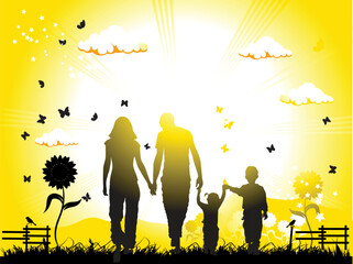 Poster - Happy family walks on nature, sunset