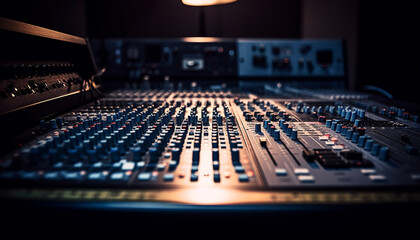 Poster - Sound engineer adjusting mixer knobs in nightclub generated by AI